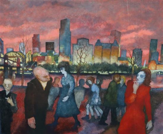 Gerald R. Jarman (British, 1930-2014) Cityscape: Pink Sky Reflected 54.5 x 65in. unframed